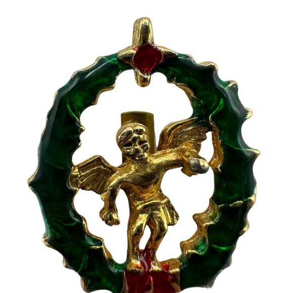 Vintage Christmas Cherub Angel Wreath Brooch Gold Tone Red Green Enamel - Picture 4 of 9